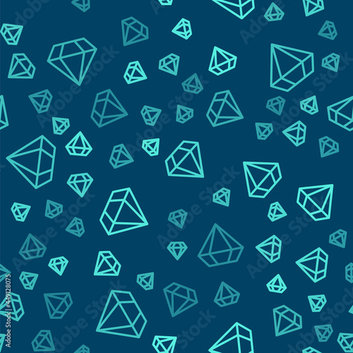 Green line Diamond icon isolated seamless pattern on blue background. Jewelry symbol. Gem stone. Vector