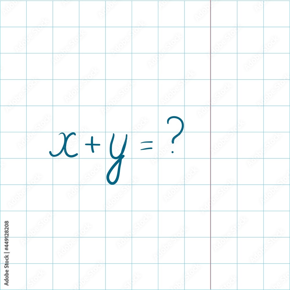 Free hand drawing of school copybook sheet and sign x plus y and question mark Back to school. Simple flat illustration Free hand drawing of school copybook sheet and sign x plus y and question mark Back to school. Simple flat illustration