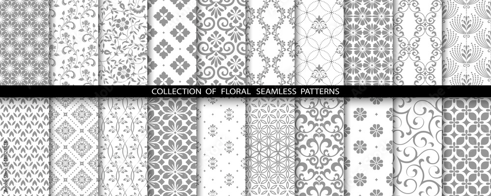 Geometric floral set of seamless patterns. Gray and white vector backgrounds. Simple illustrations. Geometric floral set of seamless patterns. Gray and white vector backgrounds. Simple illustrations.