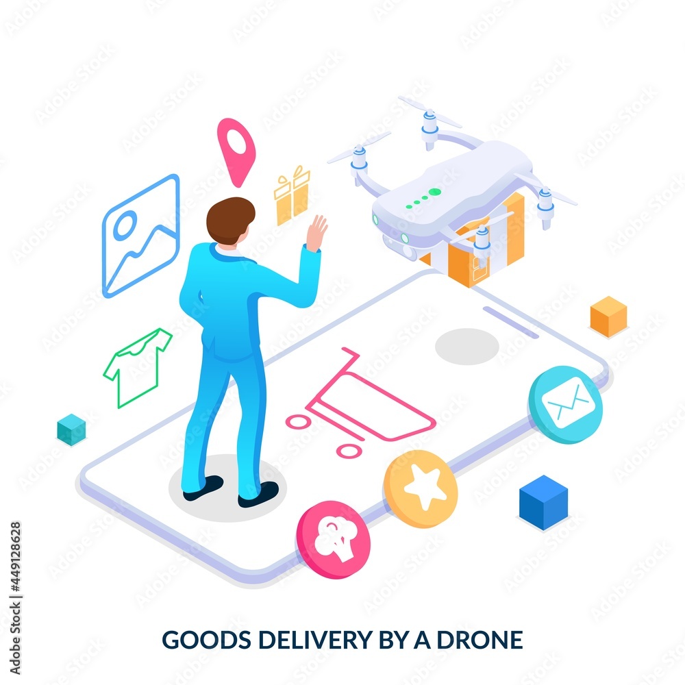 Goods delivery by a drone concept. Modern and fast ordering and receipt of goods using the latest technology. Isometric vector illustration on white background.