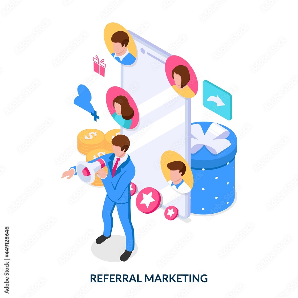 Referral marketing concept. A person attracts and invites  referrals to make more money. Isometric vector illustration on white background.