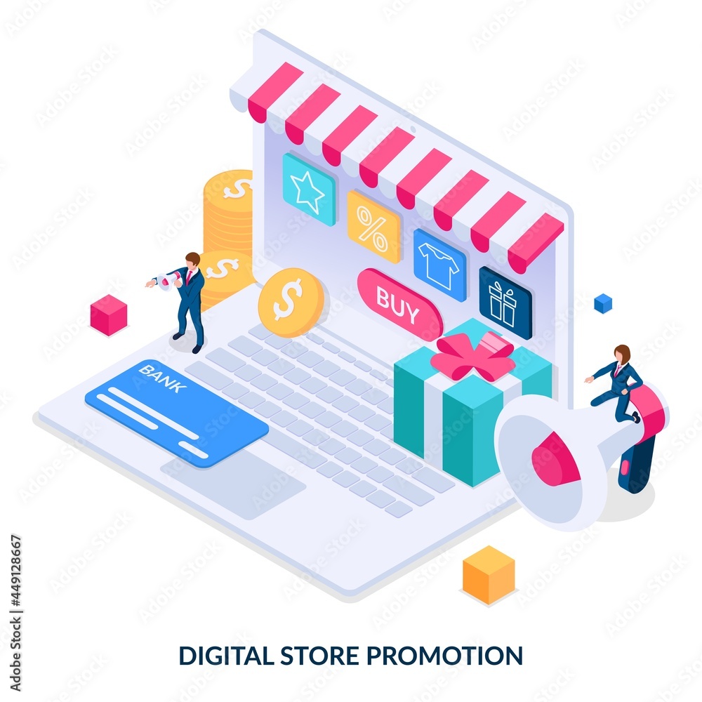 Digital store promotion concept. Advertising of goods and services. Internet marketing and online store. Isometric vector illustration on white background