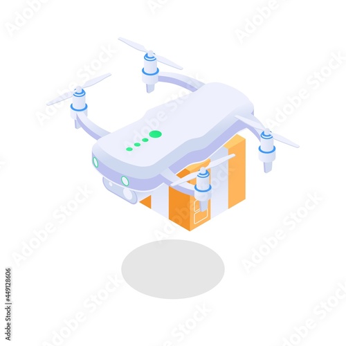 A quadcopter with a box. The concept of cargo delivery using unmanned aerial vehicles.Isometric vector illustration on white background.