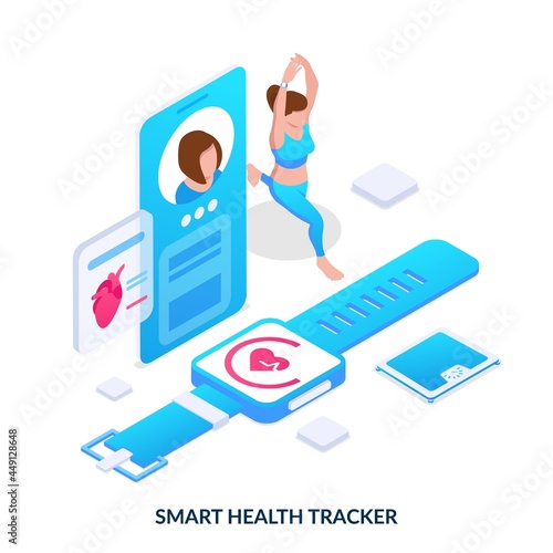 Smart health tracker concept. Fitness bracelet and mobile application for sports. Girl monitors body parameters during training. Isometric vector illustration on white background.