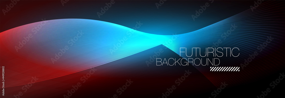 Abstract neon glowing light in the dark with waves. Shiny magic energy and motion concept, vector abstract wallpaper background Abstract neon glowing light in the dark with waves. Shiny magic energy and motion concept, vector abstract wallpaper background