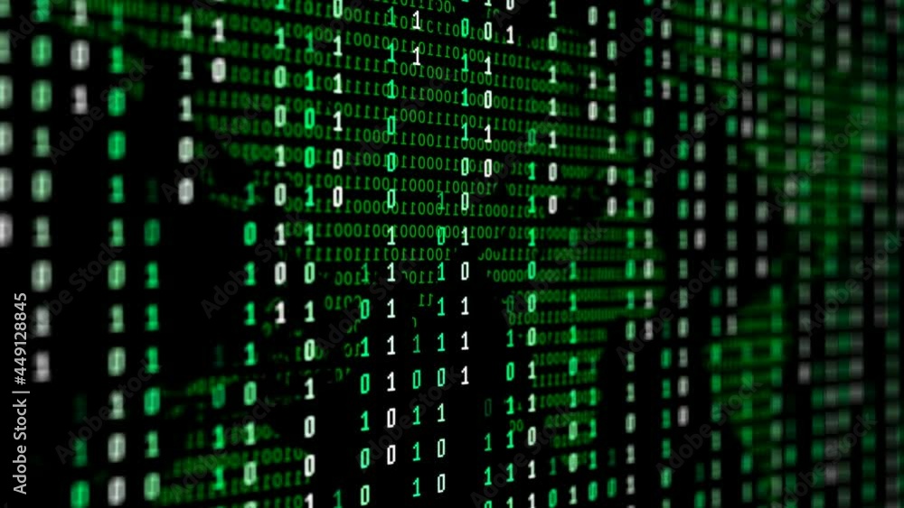 Binary code background with digits moving right on screen. Algorithm binary, data code, decryption and encoding. Deep of field effect. Seamless loop abstract background. Binary code background with digits moving right on screen. Algorithm binary, data code, decryption and encoding. Deep of field effect. Seamless loop abstract background.
