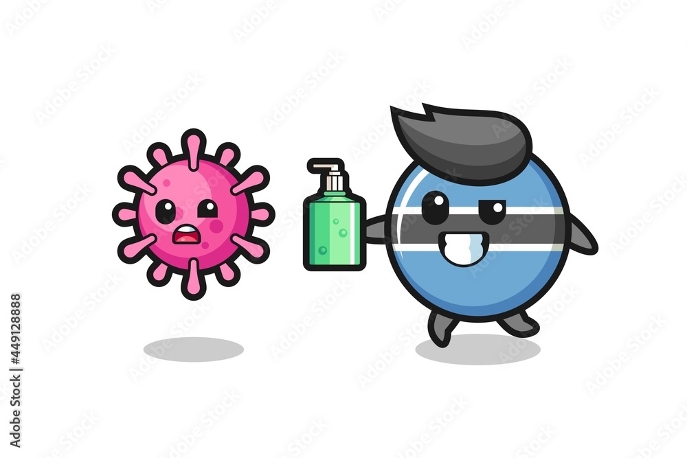 illustration of botswana flag badge character chasing evil virus with hand sanitizer
