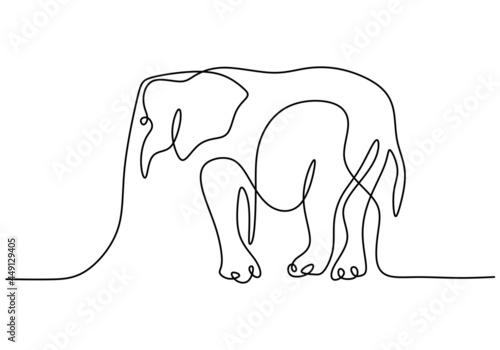 Elephant in continuous single line drawing. A wild animal in the jungle hand drawn one line art minimalism design. Rainforest mammals herd concept isolated on white background. Vector illustration