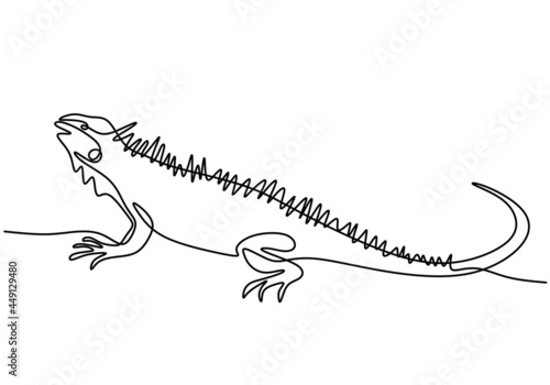 One continuous line drawing of iguana lizard. Exotic reptile animal for company logo identity or pet lover society. Vector hand drawn illustration minimalism design on white background