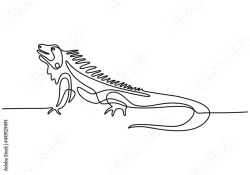 One continuous line drawing of iguana lizard. Exotic reptile animal for company logo identity or pet lover society. Vector hand drawn illustration minimalism design on white background