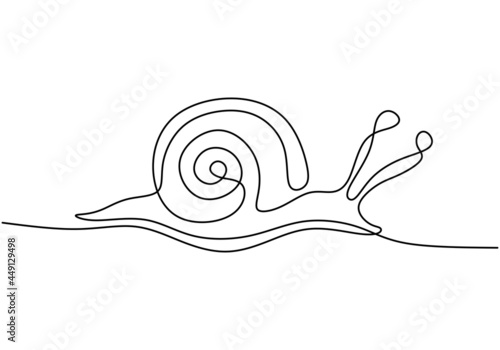 One continuous line drawing of snail. High nutritious escargot healthy food. Exotic snail mascot concept for healthy food logo identity. Modern hand draw vector graphic design illustration