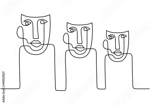 Continuous one line drawing of tribal abstract face human. Modern hand drawn line art tribal portrait. Ethnic style vector illustration for posters, wall decor, tote bag, t-shirt print, mobile case