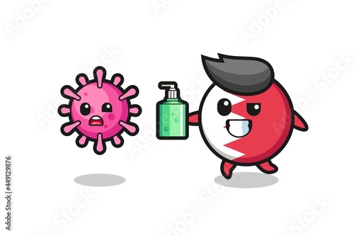 illustration of bahrain flag badge character chasing evil virus with hand sanitizer