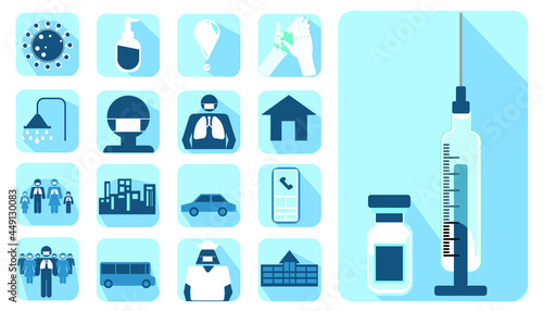 icon Illustration medical  protection covid-19 virus contact communicate hospital to enter heal and  spray vaccine  to people, modern design idea  concept vector 