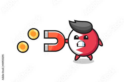 the character of bahrain flag badge hold a magnet to catch the gold coins