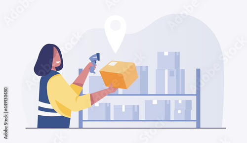 Warehouse worker scanning barcode on boxes. Check the number of products. vector illustration