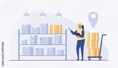 Warehouse worker checking boxes. inventory management and stock control. vector illustration