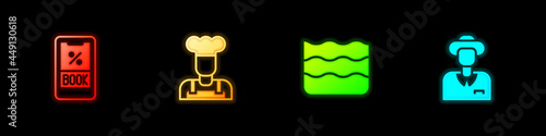 Set Cruise ticket, Cook, Wave and Tourist icon. Vector