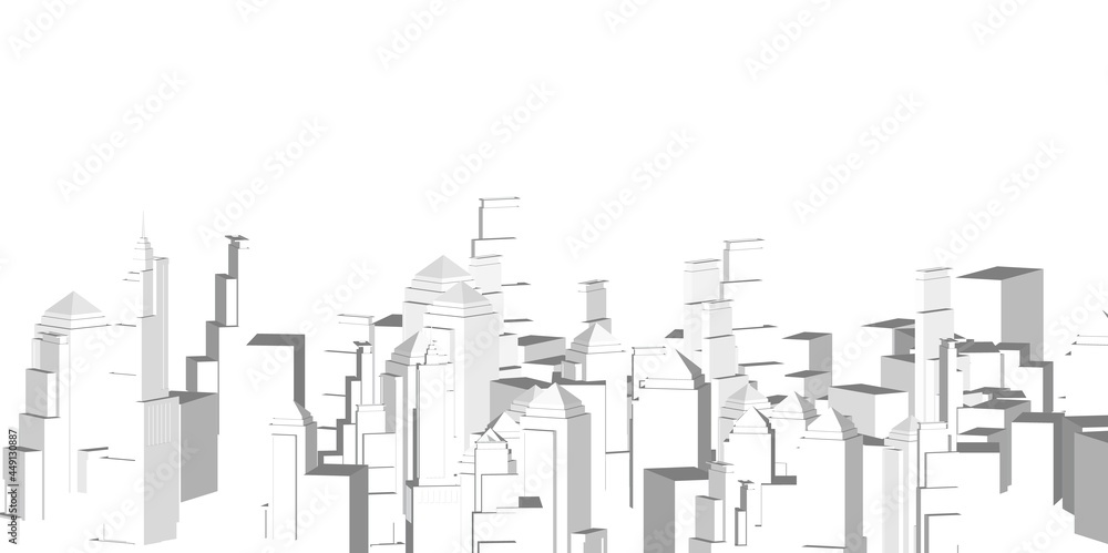 Building perspective, Cityscape on white background, Modern building in the city skyline