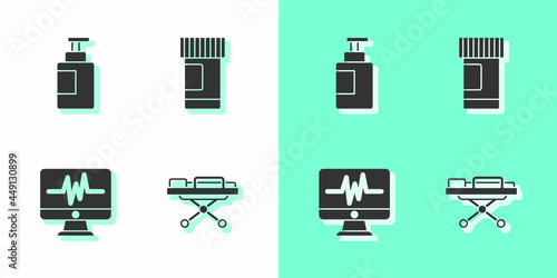 Set Stretcher, Hand sanitizer bottle, Monitor with cardiogram and Medicine pills icon. Vector