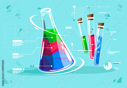 Vector illustration of a chemical flask with three small glass tubes with various liquids, description of chemical liquids, graphic elements and graphs of chemical composition analysis
