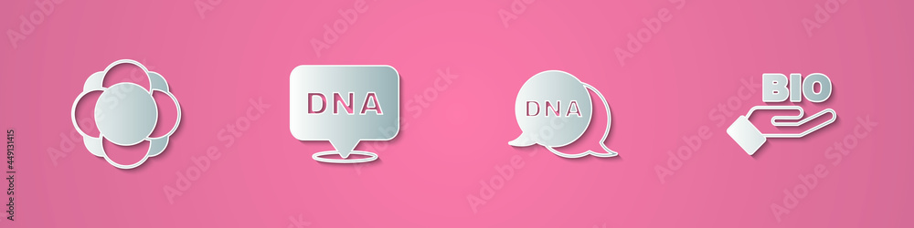 Set paper cut Molecule, DNA symbol, and Bio healthy food icon. Paper art style. Vector Set paper cut Molecule, DNA symbol, and Bio healthy food icon. Paper art style. Vector