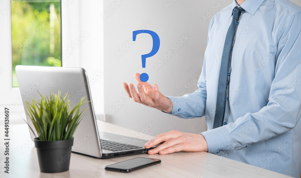 Businessman man hand hold interface question marks sign web. Ask quiestion online, FAQ concept, what where when how and why, search information on internet Businessman man hand hold interface question marks sign web. Ask quiestion online, FAQ concept, what where when how and why, search information on internet