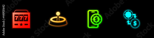 Set Slot machine with jackpot, Casino roulette wheel, Online poker table game and chips exchange on money icon. Vector