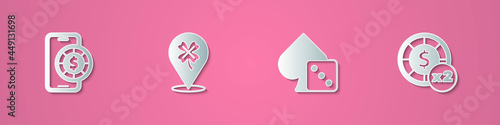 Set paper cut Online poker table game, Casino slot machine with clover, Game dice and chips icon. Paper art style. Vector