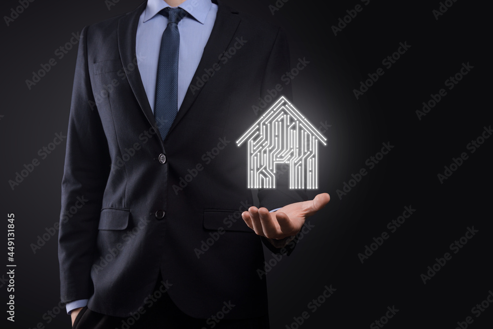 Businessman hold house icon.Smart home controlled, intelligent house, and home automation app concept.Pcb design and person with smart phone. Innovation technology internet Network Concept. Businessman hold house icon.Smart home controlled, intelligent house, and home automation app concept.Pcb design and person with smart phone. Innovation technology internet Network Concept.