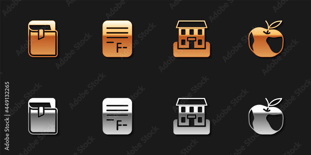 Set Book, Exam paper with incorrect answers, School building and Apple icon. Vector Set Book, Exam paper with incorrect answers, School building and Apple icon. Vector