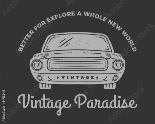 Vector design of vintage car with grey color isolated on black background. Classic Logo emblem template.