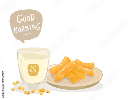 Soy milk and soy seeds with "Patongko" Thai and Chinese traditional deep-fried dough twin-stick on white background. vector isolated on copy space white background.