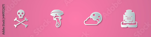 Set paper cut Skull on crossbones, Psilocybin mushroom, Moon and stars and Tombstone with RIP written icon. Paper art style. Vector