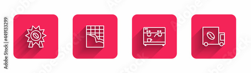 Set line Medal for coffee, Chocolate bar, Coffee machine and street truck with long shadow. Red square button. Vector
