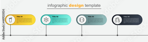 Set line Grand canyon, Baseball ball, Hexagram sheriff and Paper glass with straw. Business infographic template. Vector