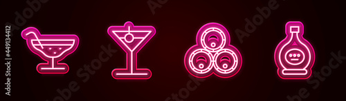 Set line Cocktail, Martini glass, Wooden barrels and Bottle of cognac or brandy. Glowing neon icon. Vector