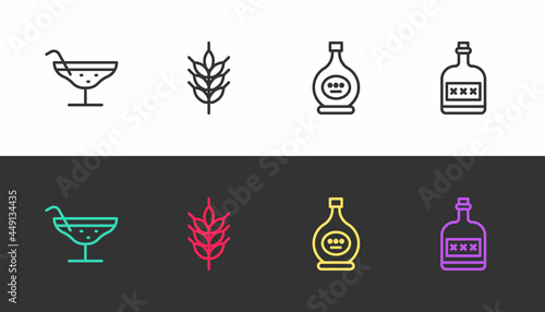 Set line Cocktail, Hop, Bottle of cognac or brandy and Alcohol drink Rum bottle on black and white. Vector