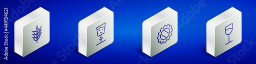 Set Isometric line Hop, Wine glass, Bottle cap and icon. Vector
