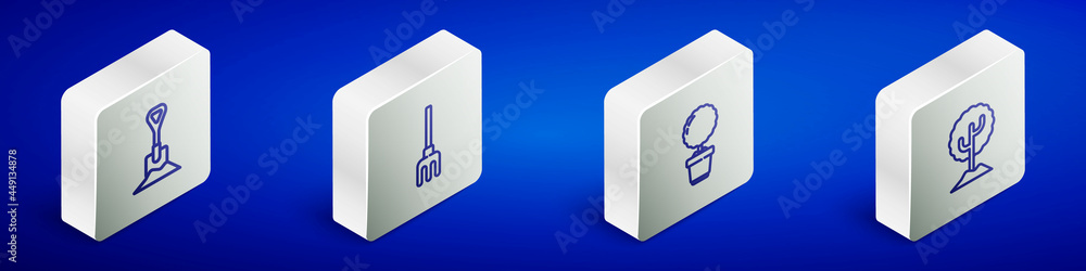 Set Isometric line Shovel in the ground, Garden rake, Flower pot and Tree icon. Vector Set Isometric line Shovel in the ground, Garden rake, Flower pot and Tree icon. Vector
