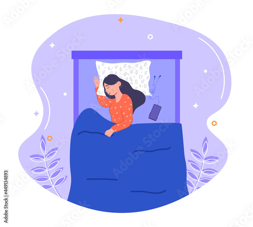 Sweet dreams concept. Young woman with good health sleeps on soft bed, Biorhythms, cycle of day and night. Sound sleep after work. Cartoon flat vector illustration isolated on a white background