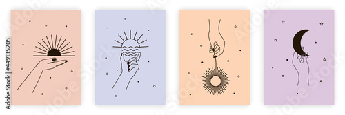 Set of alchemy. Magic celestial talisman with woman hands. Spiritual occultism object. Mystical signs of the sun, moon and stars. Flat line art vector collection isolated on a white background