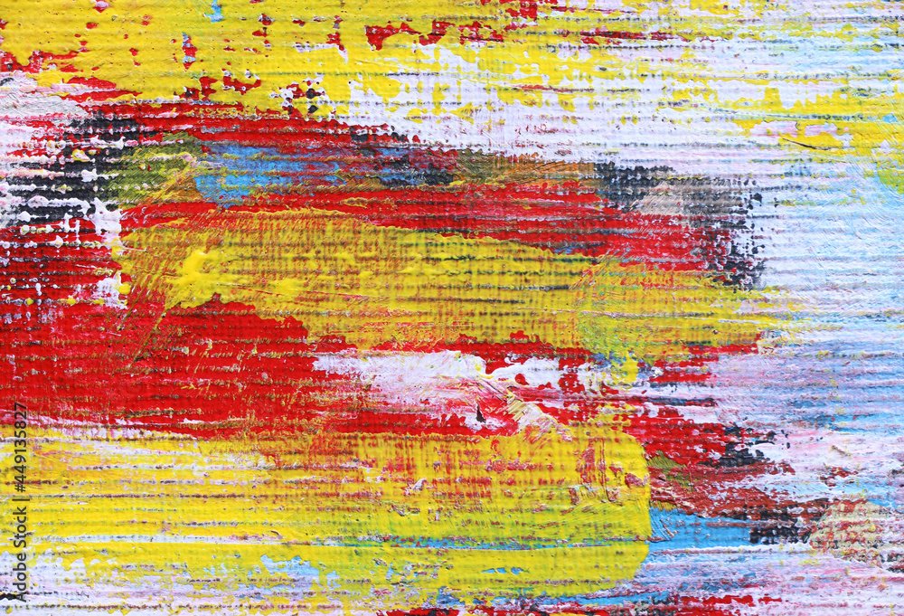 Red, yellow, blue and white abstract art background. Acrylic  on canvas. Rough brushstrokes of paint.