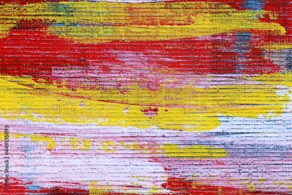 Red, yellow, blue and white abstract art background. Acrylic  on canvas. Rough brushstrokes of paint.