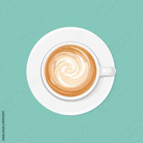 Cappuccino or latte coffee, spiral foam top view. Vector illustration of a hot drink in a cup isolated. Cartoon flat style.