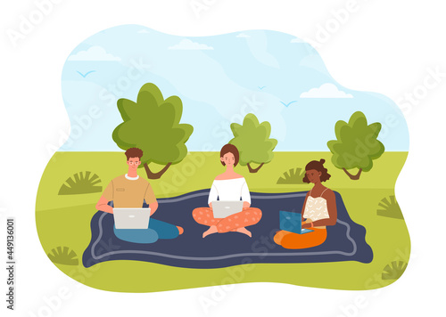 Positive working environment with happy employees concept. Men and women sit in nature and work. Comfortable workplace with good conditions. Cartoon flat vector illustration on white background