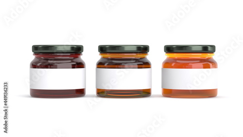 orange marmalade or maple syrup or jam in glass jar isolated mockup template - 3d render