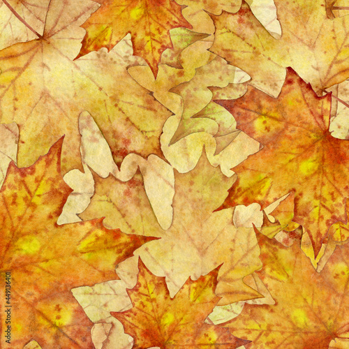 Colorful background of maple leaves in yellow and orange shades. Autumn leaves painted in watercolor. Exquisite autumn background for design and creativity.