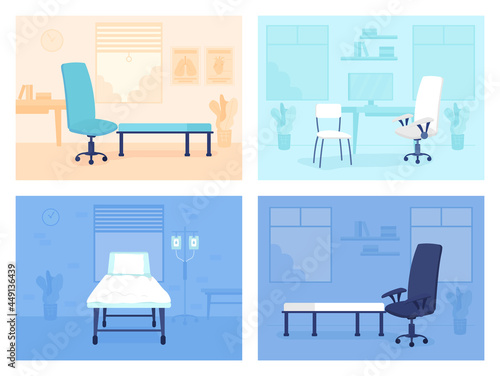 Doctor office room flat color vector illustrations set. Therapeutic practice. Healthcare facility 2D cartoon interiors collection with hospital cot, office chairs and couches on background