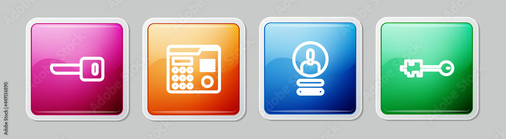 Set line Key, House intercom system, Create account screen and Old key. Colorful square button. Vector Set line Key, House intercom system, Create account screen and Old key. Colorful square button. Vector